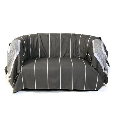 CARTHAGE- Jeté de canapé coton gris/rayures blanches 200x300