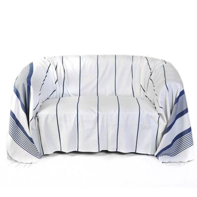 CASABLANCA - Jeté de canapé coton blanc/rayures bleu 200x300