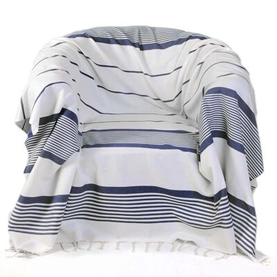 CASABLANCA - Plaid per poltrona in cotone bianco a righe blu 200x200