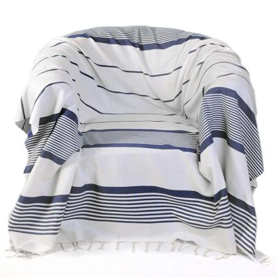 CASABLANCA - Jeté fauteuil coton blanc/rayures bleu 200x200