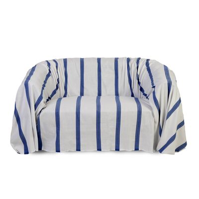 FES - Manta de sofá blanca y rayas azules 200 x 300