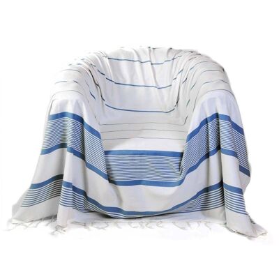 CARTHAGE armchair throw in white cotton with blue stripes 200x200
