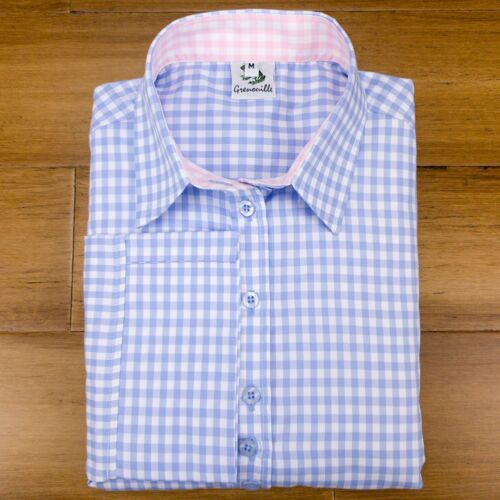 Grenouille 3/4 Sleeve Blue Check Easy Care Cotton Shirt