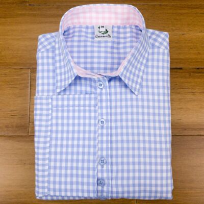 Grenouille Camisa de algodón de fácil cuidado con cuadros azules de manga 3/4