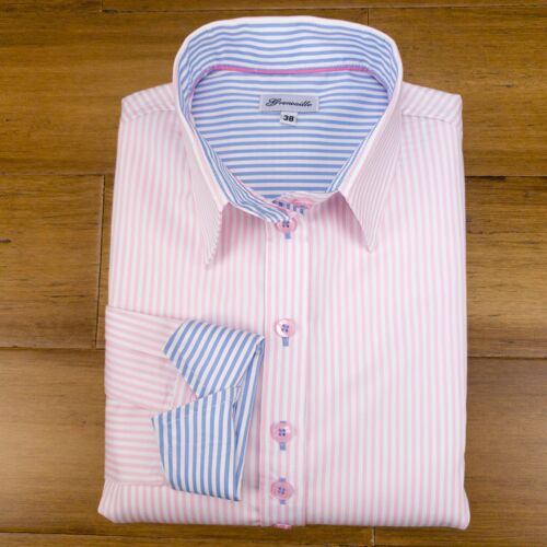 Grenouille Long Sleeve Pink Stripe Shaped Fit Shirt