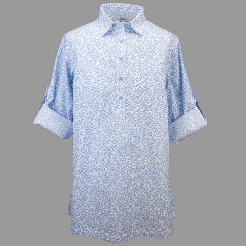 Grenouille Ladies White & Tiny Blue Flowers Collared Tunic
