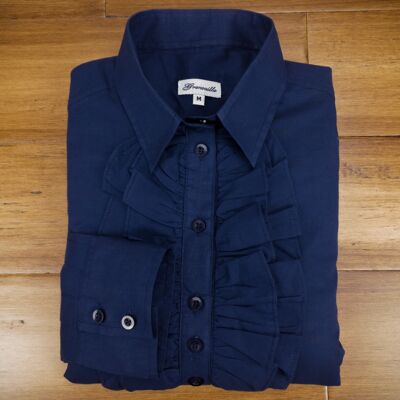 Grenouille Camicia da donna a maniche lunghe in cotone blu navy con volant