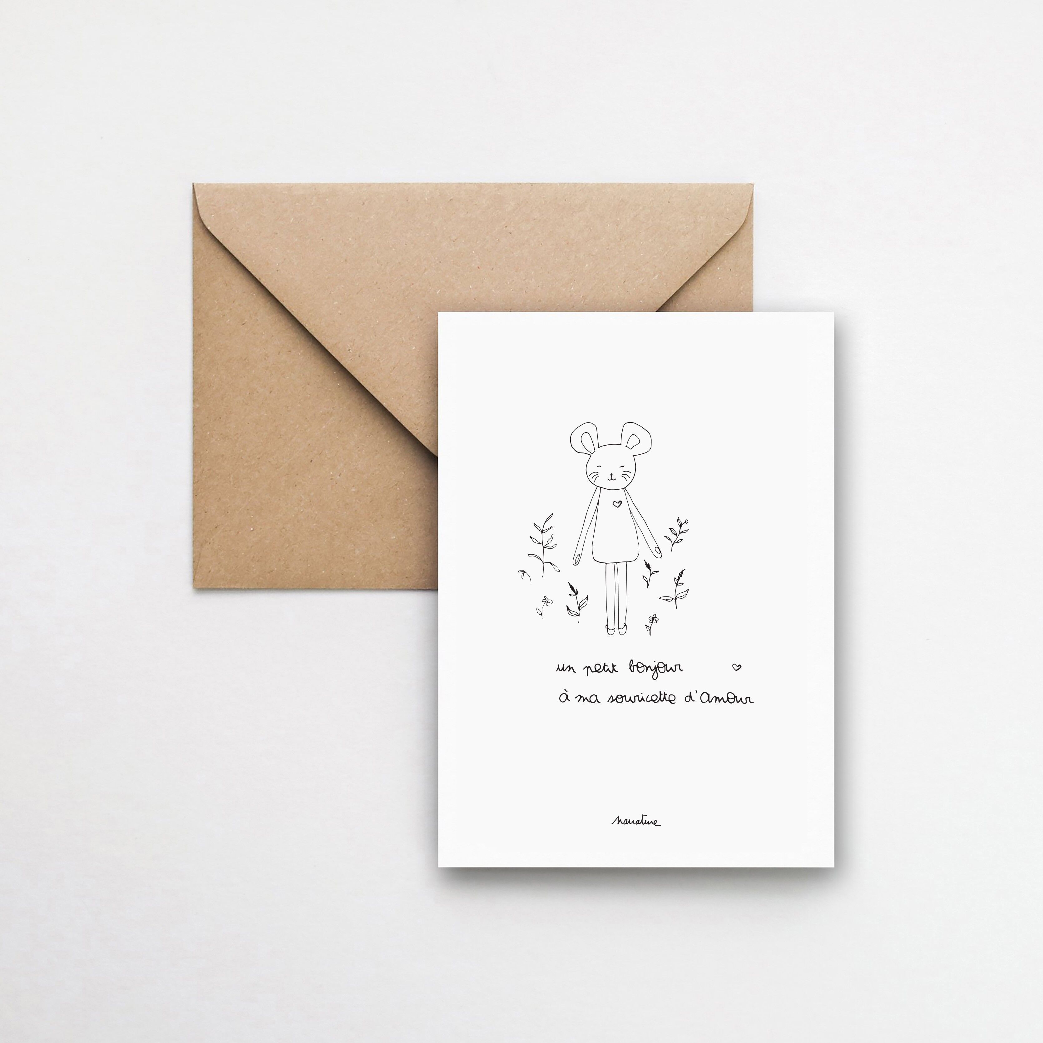 Souricette d'amour - Karte 10x15 handgeschöpftes Papier und recycelter Umschlag