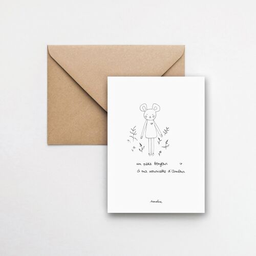 Souricette d'amour - carte 10x15 papier fait main et enveloppe recyclée