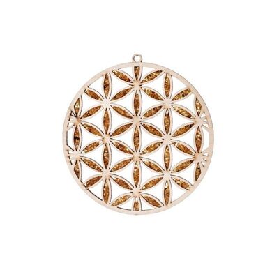 Piatto di ricarica e decorazione fiore della vita in betulla e ambra, 11 cm - FLV1