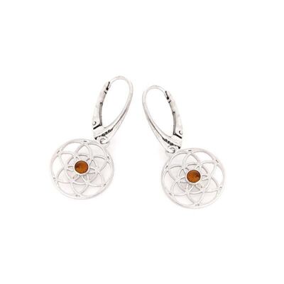 Pendientes flor de la vida con ámbar coñac natural, en plata de rodio 925/1000 - KM002KAR