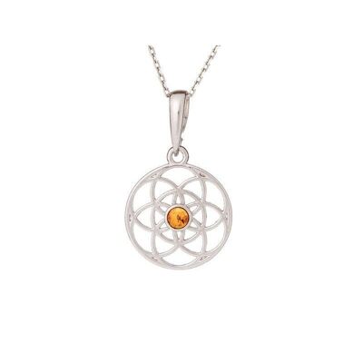 Pendentif fleur de vie avec ambre cognac, argent rhodié 925/1000, diamètre 3+0,8 cm - KM003WR