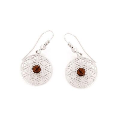 Orecchini fiore della vita con ambra cognac naturale, in argento rodiato 925/1000 - KM012KR