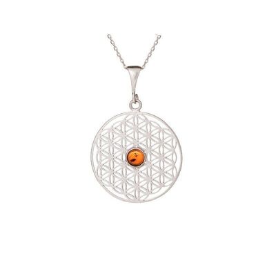 Colgante flor de la vida con ámbar coñac, plata rodiada 925/1000, diámetro 2,7+1 cm - KM013WR