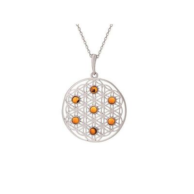 Ciondolo fiore della vita con ambra cognac, argento 925/1000 rodiato, diametro 2,7+1 cm - KM015WR