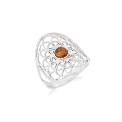 Bague fleur de vie avec ambre cognac naturel, en argent rhodié 925/1000 - KM016PR