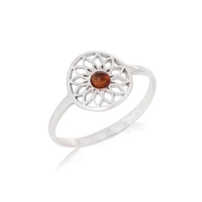 Bague fleur de vie avec ambre cognac naturel, en argent rhodié 925/1000 - KM017PR