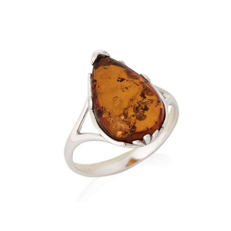 Anello con ambra cognac naturale del Mar Baltico, in argento rodiato 925/1000 - GI-BA037