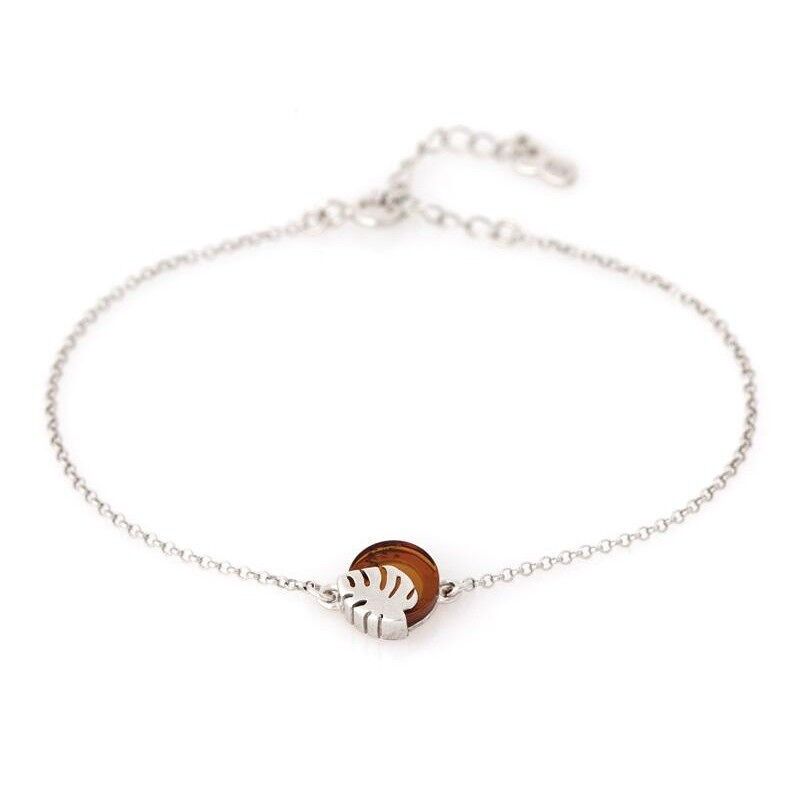 Pulsera con ámbar coñac redondo, en plata rodiada 925/1000, longitud 16+3 cm - SA3789BOR