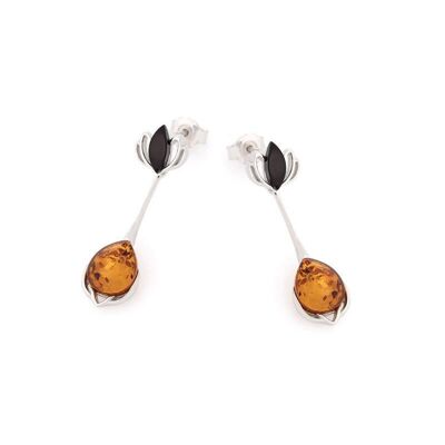 Boucles d'oreilles avec ambre cognac naturel, en argent rhodié 925/1000 - SA3853EOR