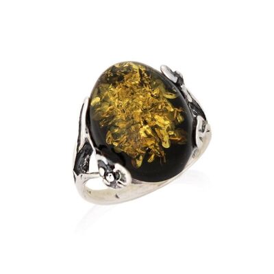 Anillo grande con piedra y ámbar verde natural ovalado, en plata envejecida rodiada 925/1000 - GDP37V