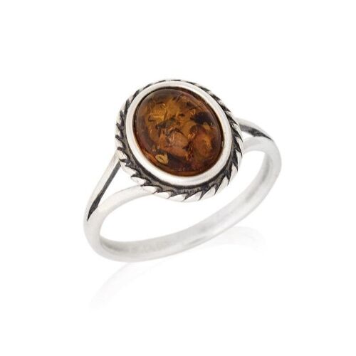 Bague avec ambre cognac de la mer Baltique ovale, en argent rhodié vieilli 925/1000 - GDP38