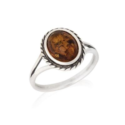 Ring with oval Baltic Sea cognac amber, in aged rhodium-plated silver 925/1000 - GDP38