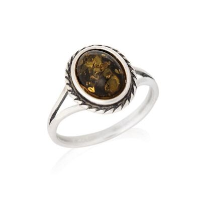 Bague avec ambre vert naturel de la mer Baltique ovale, en argent rhodié vieilli 925/1000 - GDP38V