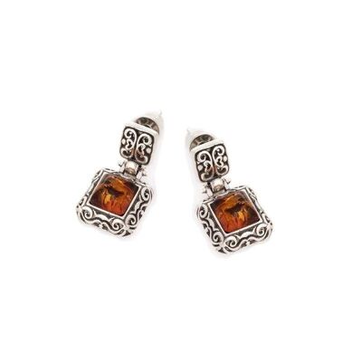 Orecchini pendenti quadrati con ambra cognac quadrata, argento rodiato 925/1000 - GI-BO032