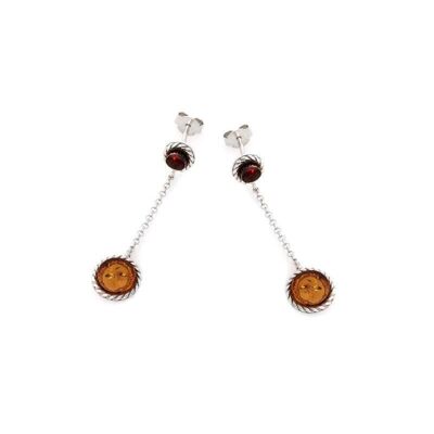 Pendientes colgantes con ámbar coñac redondo, en plata rodiada 925/1000 - KL780-414ER