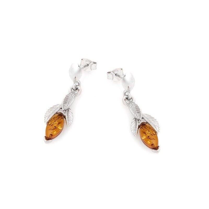 Orecchini pendenti con ambra cognac naturale, in argento 925/1000 rodiato - KL1025-457ER