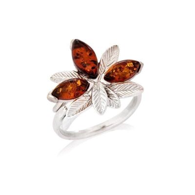 Anello con ambra cognac della navetta del Mar Baltico, in argento rodiato 925/1000 - KL1024-457RR