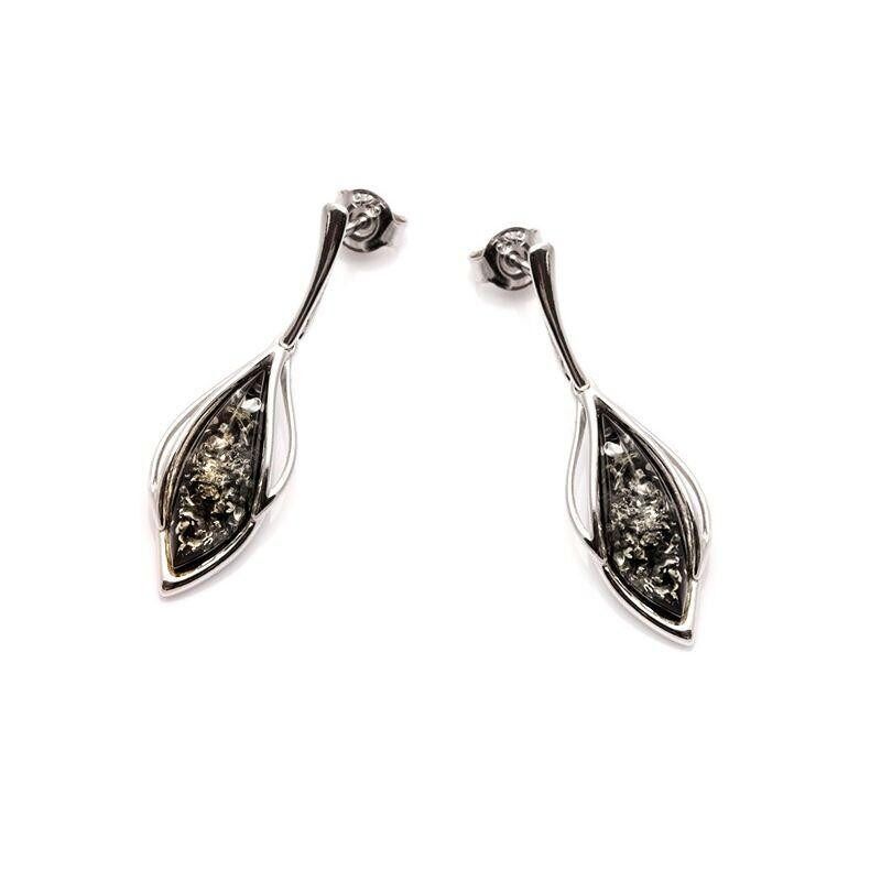 Orecchini pendenti con navetta di ambra verde, in argento rodiato 925/1000 - SA3569EOR