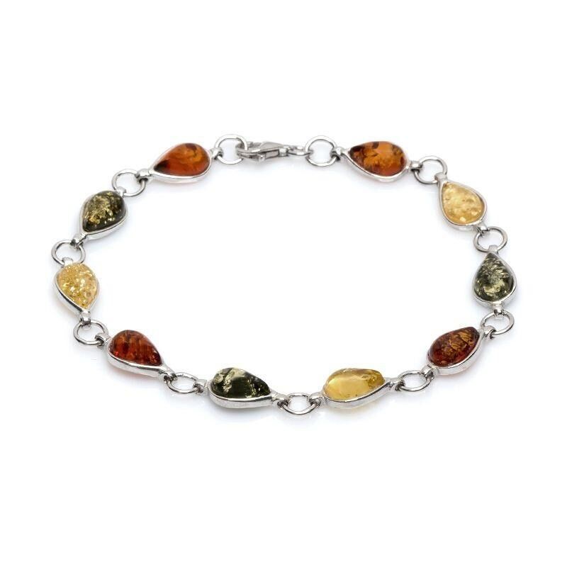 Pulsera con gota de ámbar multicolor, en plata rodiada 925/1000, longitud 18 cm - KM103AMR