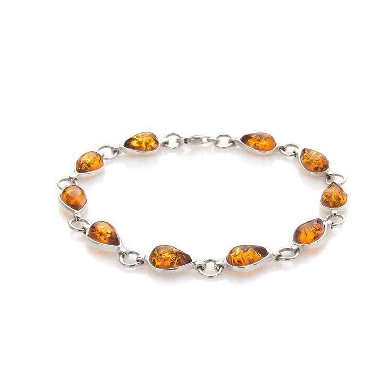 Bracciale con goccia d'ambra cognac, in argento 925/1000 rodiato, lunghezza 18 cm - KM103AR