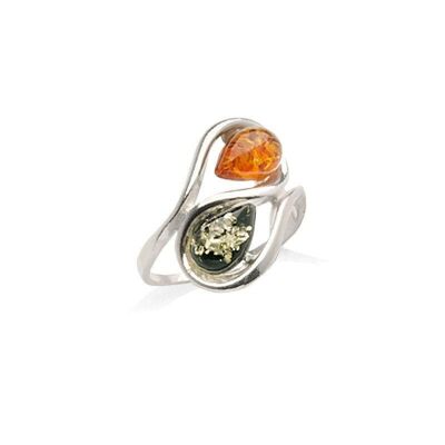 Ring with multi-colored Baltic amber drop, in rhodium-plated silver 925/1000 - KM206PR