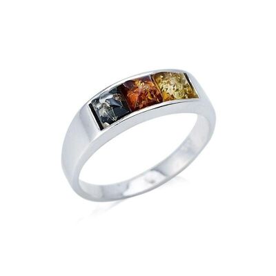 Anello con ambra multicolore quadrata del Mar Baltico, in argento rodiato 925/1000 - AJP7-499MR