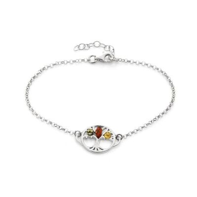 Bracciale albero della vita con ambra multicolore, argento 925/1000 rodiato, 18+3 cm - AJB3-593MR