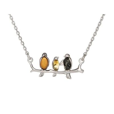 Collana uccello con ambra multicolore, in argento 925/1000 rodiato, lunghezza 42+3 cm - GI-CL013M
