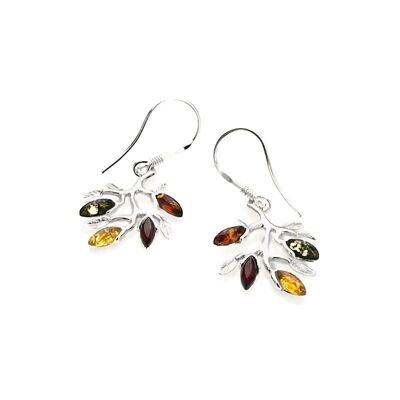 Pendientes Árbol de la vida con ámbar multicolor, en plata rodiada 925/1000 - AJK5-890MR
