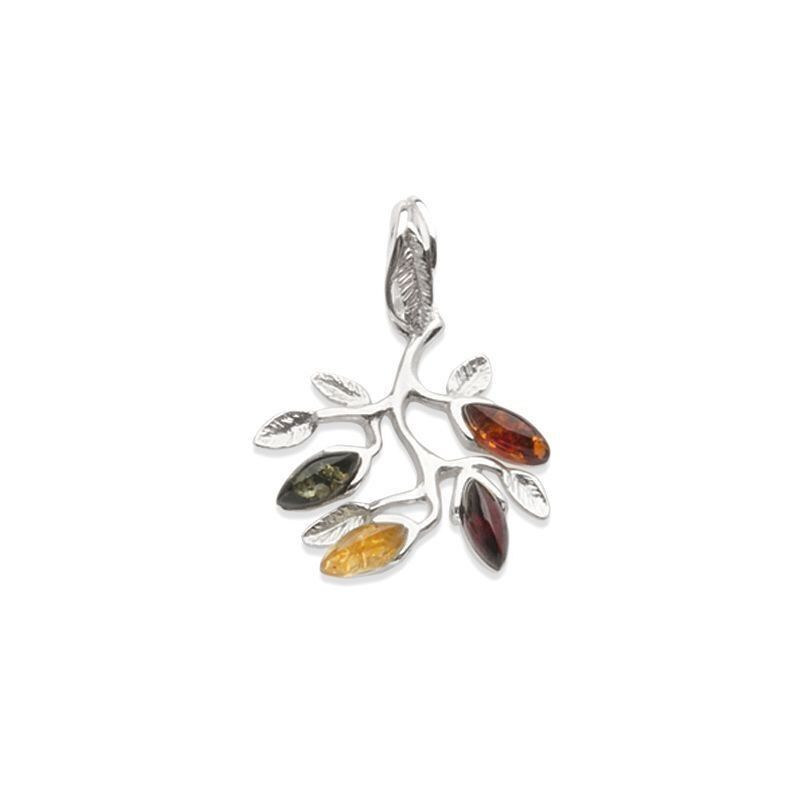 Ciondolo albero della vita con ambra multicolore, argento 925/1000 rodiato, altezza 3 cm - AJW6-714R