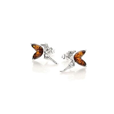 Orecchini a bottone fata con ambra cognac naturale, in argento rodiato 925/1000 - AJK5-922R
