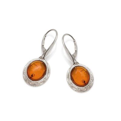Pendientes con ámbar coñac natural ovalado, en plata rodiada 925/1000 - SA3264EOR