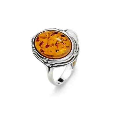 Anillo con ámbar coñac natural del Mar Báltico ovalado, en plata rodiada 925/1000 - GI-BA028