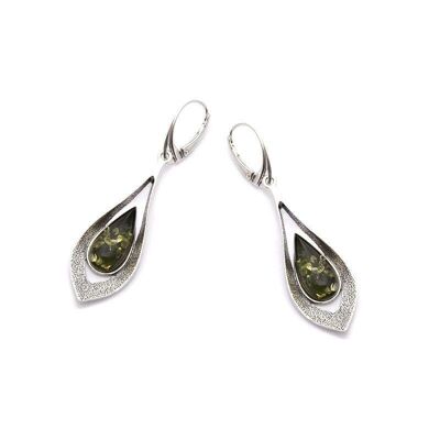 Orecchini lunghi con ambra verde naturale, in argento rodiato invecchiato 925/1000 - AJK5-1239VR