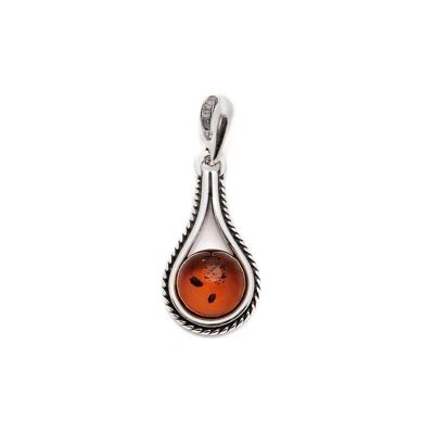 Ciondolo con ambra tonda cognac, in argento invecchiato rodiato 925/1000, altezza 2+1 cm - AJW6-774R