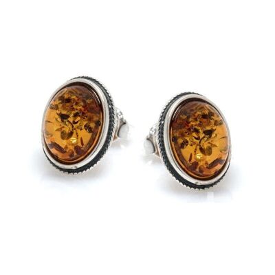 Oval Baltic Sea cognac amber stud earrings, 925/1000 aged rhodium-plated silver - AJK5-951R