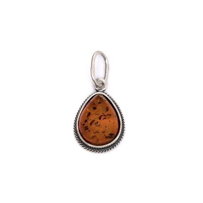 Pendente goccia con ambra cognac, in argento invecchiato rodiato 925/1000, altezza 1,5+1 cm - AJW6-108R