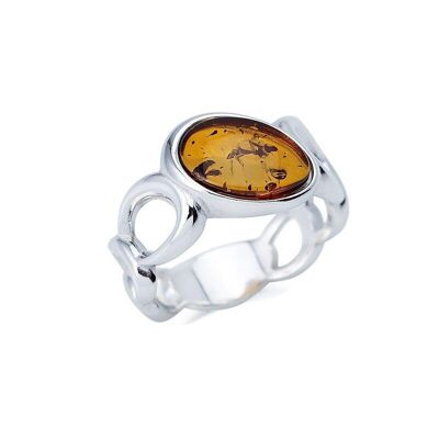Ring with natural cognac amber from the Baltic Sea oval, in rhodium silver 925/1000 - SA3696-2ROR