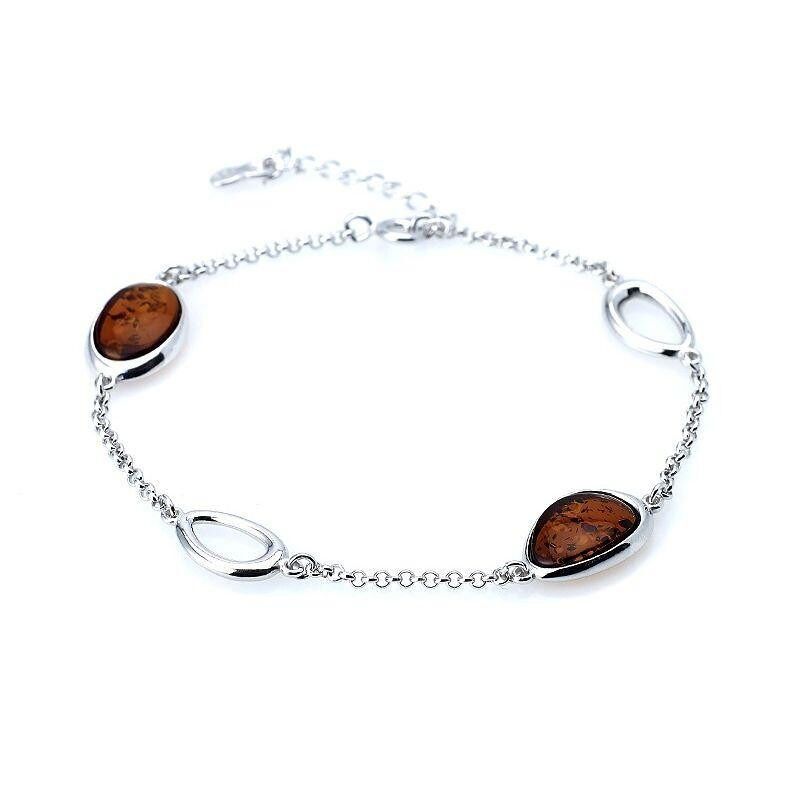 Bracciale con ambra cognac ovale, in argento 925/1000 rodiato, lunghezza 18+ 3 cm - SA3696-2WOR